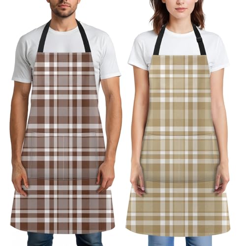 Apron with Pockets, 32x28 inch, 2 Pack, Khaki Champagne | Checkered Tartan Plaid Adjustable Bib with Pockets for Women Men Couple Lovers Chef Home Baking Gardening - color: Khaki Brown