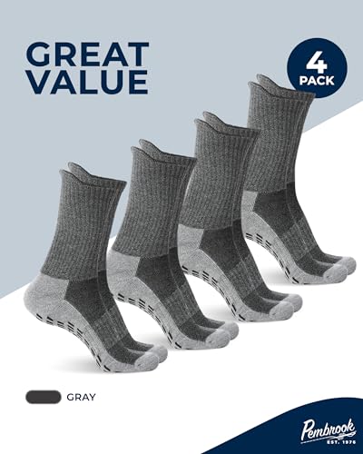 Pembrook Non Slip Crew Grip Socks Men & Women - 4 Pairs | Non Slip Socks for Elderly, Hospital, Pilates, Yoga, Barre, Home - color: Gray - 4 Pairs, size: Medium