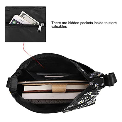 Kamo Crossbody for Women - Multi-pocket Shoulder Lightweight Messenger Casual Printed Purse Handbag Travel Bag - color: Black - Daisy