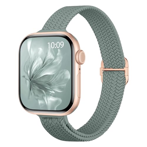 Slim Braided Stretchy Band Compatible with Apple Watch Bands Women | 40mm 41mm 42mm 38mm 44mm 45mm 46mm 49mm Thin Elastic Nylon Solo Loop Strap ,Wristband for iWatch Series 11 10 9 8 7 6 5 4 SE - color: Cactus, size: 38/40/41/42mm