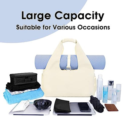 Sportsnew Tote Yoga Mat Gym Bag 20L Women W/Shoe Compartment Wet Dry Pocket | Water-Resistant Gym Tote - Mat Strap, Ventilated Shoe Bin, Wet Pocket, Padded Handle, Multi Pockets, Side Mesh & Key Clip - color: Beige