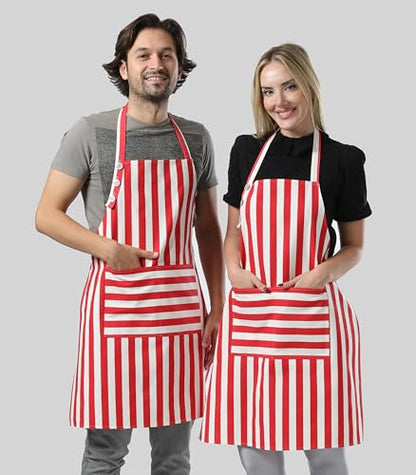TOSHEX Kitchen Apron Cotton Waterdrop Resistant Adjustable Button Women Men | Premium Cotton Cooking Apron with Pocket. Striped, Gift, Red - color: Red