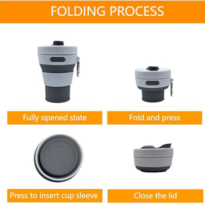 Silicone Collapsible Travel Mug Gray 15oz / 450ml - Leak-Proof Reusable Silicone Water Bottle for Hot and Cold Beverages - Travel Office and Home - Dishwasher Safe - Straw Included - color: Gray
