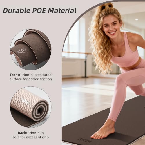 HAHE Wide Yoga Mat 72"x32"x0.4" Thick Pilates Mat with Carrying Strap | Exercise Mats for Home Workout, Wide Non-slip Exercise Mats, Double-Sided POE Fitness Mat for Yoga, Pilates & Travel - color: Dark Brown+Beige