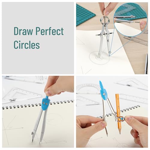 Mr. Pen 13 Piece Geometry Set with Shatterproof Storage Box, Blue | 45° & 30°/60° Set Squares, Pencils, Lead Refills, Sharpener & Eraser for Math, Drafting & Classroom Use - color: Blue