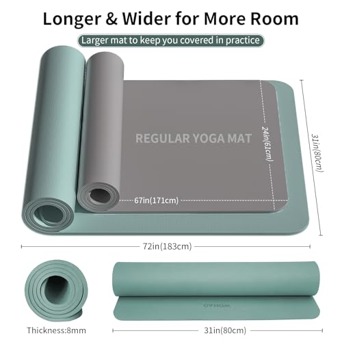 Extra Wide & Thick 8mm Yoga Mat, 72"x31.5" | Large Non Slip Exercise Mat, Premium POE Material, Superior Cushioning & Stability, With Strap for Home Gym, Pilates - color: Dark Green