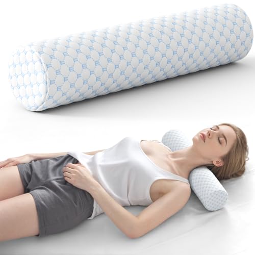Neck Roll Pillow, Memory Foam Neck Support Pillows, Round Neck Pillows, Cylinder Bolster Pillows for Bed, Couch, and Yoga, Removable Washable Cover,18 * 4.1 * 4.1inch (Cool-Blue) - color: Cool Blue, size: Small - 4.1" H