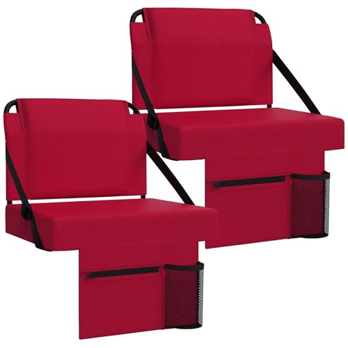 2pcs Stadium Seat for Bleachers with Back Support，Portable Bleacher Chairs with Back and Cushion，Includes Shoulder Strap and Cup Holder - color: Maroon,2 Pack