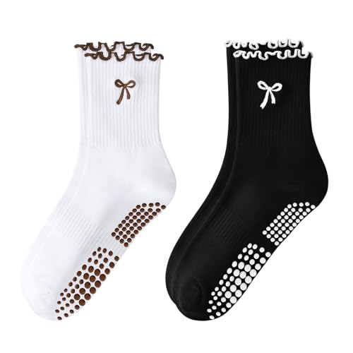 Women's Pilates Grip Socks, Ruffle Non Slip Bow Pattern Yoga Socks | Grippy, Frilly Trim, Embroidery, Crew Length, Soft Cotton, Arch Support, for Barre Ballet Dance Workout Hospital Home Gifts - color: B09-bow-white+black