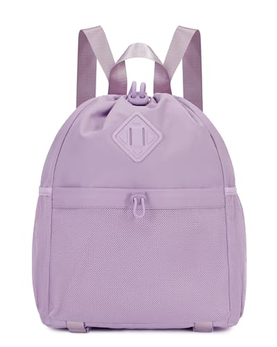 WANDF Drawstring Backpack for Women, Lightweight Gym Bag with Yoga Mat Strap, Water-Resistant String Backpack with Mesh Pocket (Purple, Patent Pending) - color: Purple