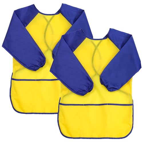 2 Pack Kids Art Smock Waterproof with Long Sleeve and 3 Roomy Pockets Artist Children Aprons for Toddlers Age 3-8 Painting Crafts(Yellow) - color: 2 Pack Yellow