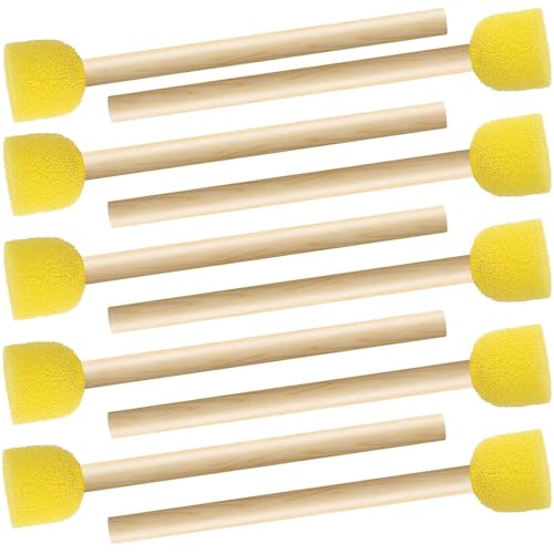 10pcs Round Sponges Brush Set, Wooden Handle Sponges Paintbrushes, Sponge Painting Staining Tool for Wallpaper Windows Clay Models DIY Arts Crafts Projects-Yellow