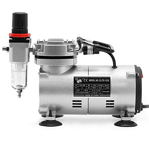 PointZero 1/5 HP Airbrush Compressor with Regulator, Gauge and Water Trap - Quiet Portable Air Pump Silver