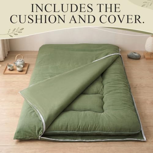 Marsui Japanese Floor Mattress with Washable Cover Thick Futon Mattress Tatami Mat Memory Foam for Adults Sleeping Camping Travel Guest Bed Bedroom Living Room Floor Lounger,Green