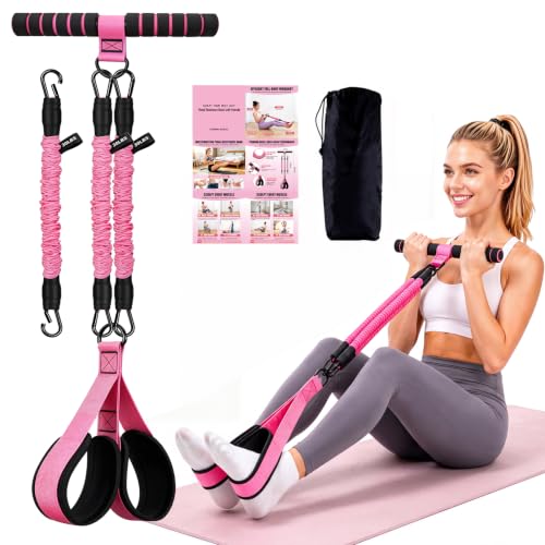 Foot Pedal Resistance Band with Handle, 3-Tube Multifunction Adjustable Yoga Elastic Exercise Bands, Home Workout Equipment for Women & Men to Abdomen, Waist, Arm, Core/ABS, Leg - color: Pink