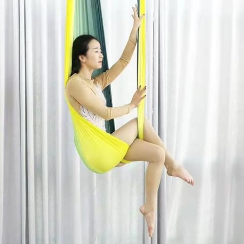 Aerial Yoga Hammock L:5M W:2.8M 5.5 Yards Aerial Pilates Silk Yoga Swing Set with 2000 Ibs Load Include Daisy Chain, Pose Guide - color: Gradual Change Yellow
