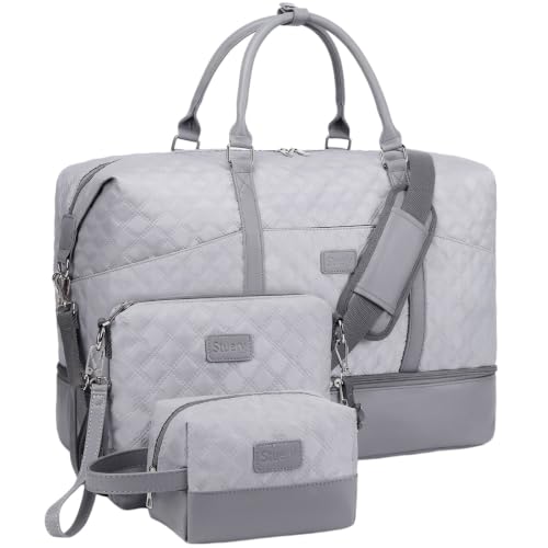 Weekender Bag, Large Travel Duffel Bag for Women, Carry on Overnight Bag with Shoe Compartment and Toiletry Bags - color: A-Grey