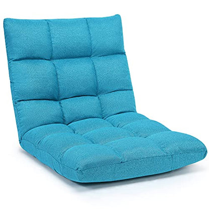 Giantex Adjustable Floor Gaming Sofa Chair 14-Position Cushioned Folding Lazy Recliner High Resilience Sponge, Breathable Cotton & Linen Fabric Sleeper Bed Couch Recliner - color: Peacock Blue