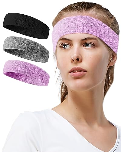 Tanluhu Sweatbands Sport Headbands for Working Out, Exercise, Tennis, Basketball, Running - Terry Cloth Athletic Sweat Cotton Headband Outdoor for Men & Women - color: Black/Gray/LT purple