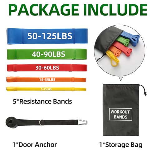 Resistance Bands for Working Out, 5-125LBS Pull Up Assist Bands Set - color: Yellow, Orange, Red, Green, blue