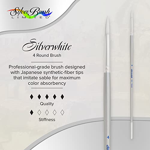 Silver Brush Limited Silverwhite Round Watercolor Paintbrush, Size 4 | Long Handle, Acrylics, Gouache, Inks, Dyes, Soft Fine Point Faux Sable Bristle, Superb Color Absorbency, Thin and Broad Lines - size: Size 4