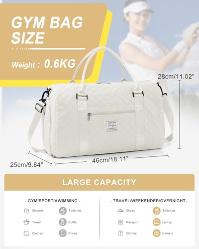 Gym Duffle Bag for Women with Shoe Compartment Waterproof Travel Tote Bags Personal Item Carry On Weekender Overnight Bags with Toiletry Bag Swimming Yoga Bags Hospital Holdalls Beige - color: C5-Grid-Beige