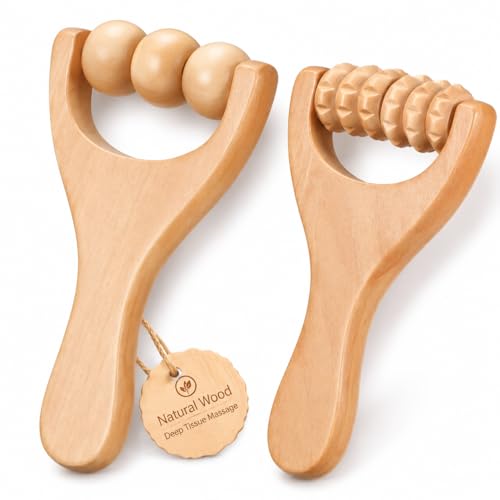 Ciieeo 2Pcs Wooden Massage Roller Muscle Relief/Gift, Wood Massage Tool, Wooden Roller Tools for Body Care and Relaxation, Manual Massage Roller Tool for Daily Home Use (3 Bead Gear Roller)
