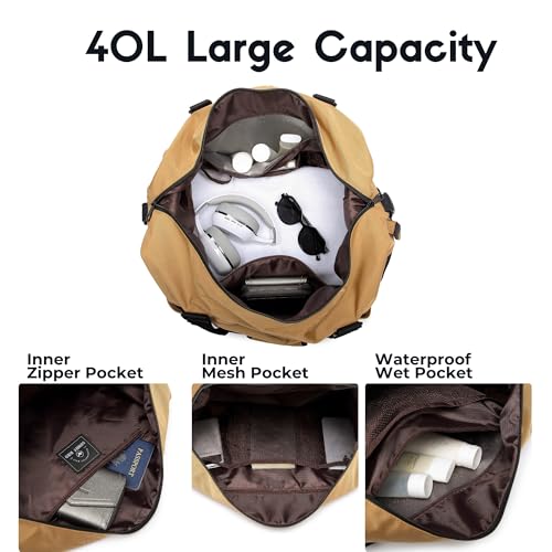 SUNNY BIRD Duffel with Utility Pouch, 40L Weekender Overnight Bag with Shoe Compartment for Travel and Sports (Brown and black) - color: Brown and black