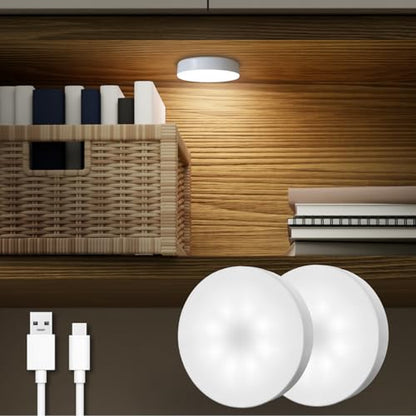 DAZZY DOT Rechargeable Puck Lights 2-Pack, Magnetic Tap Light, Cool White | Dimmable touch control, magnetic & adhesive mounting, 1000mAh rechargeable battery, 8 LED beads, brightness memory - color: Cool White