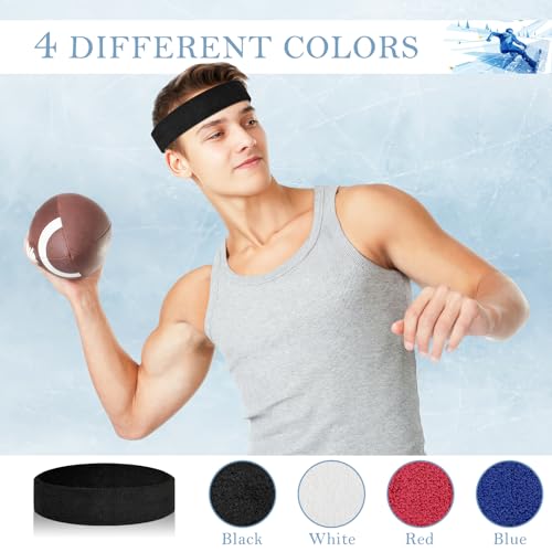 4 Pack Cotton Terry Sweat Headbands for Men Women Running Gym - color: Black/Red/White/Blue