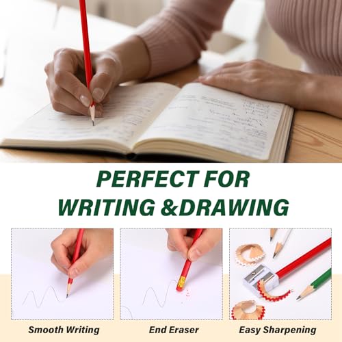 TecUnite 60 Pcs HB Pencils #2 Unsharpened Wood Cased Pencils with Eraser Hexagonal Pencil Cute Graphite No 2 Pen for Adults Gifts Exam School Office Sketching Learning(Red and Green, Gold) - color: Red and Green, Gold