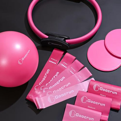 Goocrun Pilates Ring Set Exercise Equipment, with Exercise Resistance Bands Set, Pilates Ball, Sliding Disks. Portable Home Gym - with Fitness Guide Poster - color: Pink, size: Basic-level