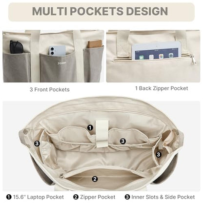 G4Free Large Canvas Tote Bag for Women with Zipper Fit 15.6" Laptop, Everything Tote Bags with Pockets for Work, Travel - color: Grey