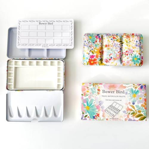 Bower Bird Travel Watercolor Palette,Portable Ceramic Palette,Empty Paint Palette,Small Travel Metal Paint Boxwith Porcelain Palette (16Well) - color: Spring