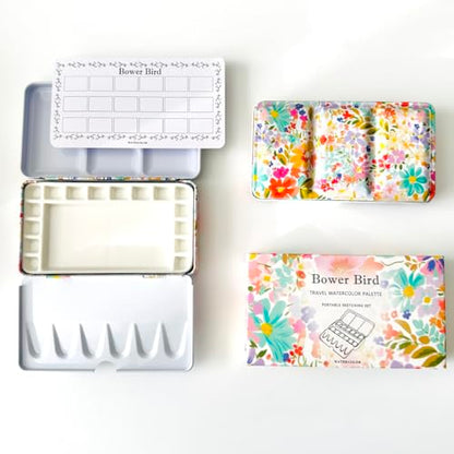 Bower Bird Travel Watercolor Palette,Portable Ceramic Palette,Empty Paint Palette,Small Travel Metal Paint Boxwith Porcelain Palette (16Well) - color: Spring