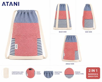ATANI Turkish Beach Towel, Converts to a Bag, Oversized 100% Cotton Bath Towels Lightweight Quick-Dry Beach Blanket for Travel, Picnic, Camping, Yoga and Pool (Red x Navy Blue, 71 inc x 39 inc) - color: Red X Navy Blue, size: 71 inc x 39 inc