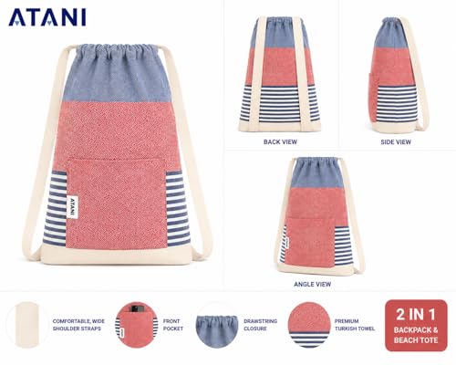 ATANI Turkish Beach Towel, Converts to a Bag, Oversized 100% Cotton Bath Towels Lightweight Quick-Dry Beach Blanket for Travel, Picnic, Camping, Yoga and Pool (Red x Navy Blue, 71 inc x 39 inc) - color: Red X Navy Blue, size: 71 inc x 39 inc