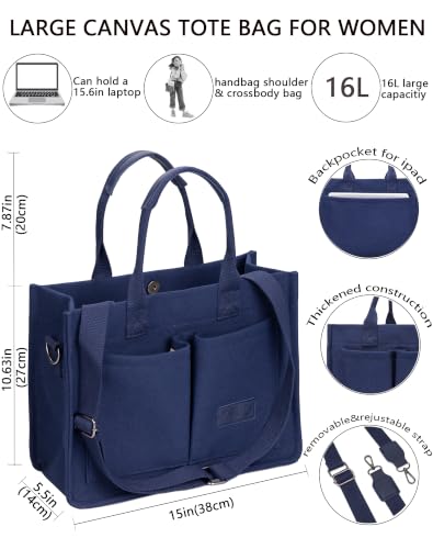 ZHMO Canvas Tote Bag for Women,Women's Bags Crossbody Bags Work Laptop Tote Bag Large Handbags Purse for Travel Nurse Teacher - color: Navy Blue With Compartments
