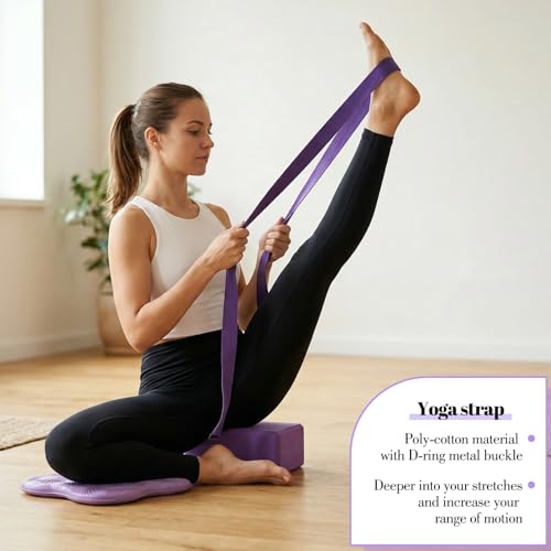 5 Pcs Yoga Blocks Knee Pads Yoga Strap Set, Soft Premium Foam Blocks Accessories for Pilates Meditation General Fitness Stability, Kneeling, Balance, Deepen Stretches and Toning (Purple)