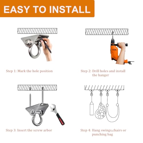 304 Stainless Steel Swing Hangers,Heavy Duty Hammock Hanging Kit for Swing Set,Chair,Yoga,Multiple Indoor Outdoor Gym,Sandbag,Indoor Outdoor 2 Pack (1500 lbs)