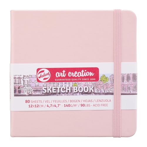 Talens Art Creation Sketchbook, Pastel Pink, 80 Sheets, 4.7 x 4.7 in | Hard-Bound Pocket Notebook, 140 GSM/94 lbs Paper, Acid-Free Cream Blank Paper, Ribbon Bookmark, and Elastic Closure - color: pastel pink, size: 12×12cm