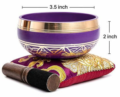 Tibetan Singing Bowl Set - Authentic Handcrafted Mindfulness Meditation Holistic Sound 7 Chakra Healing Gift by Himalayan Bazaar (Purple-Magenta) - color: Magenta Purple