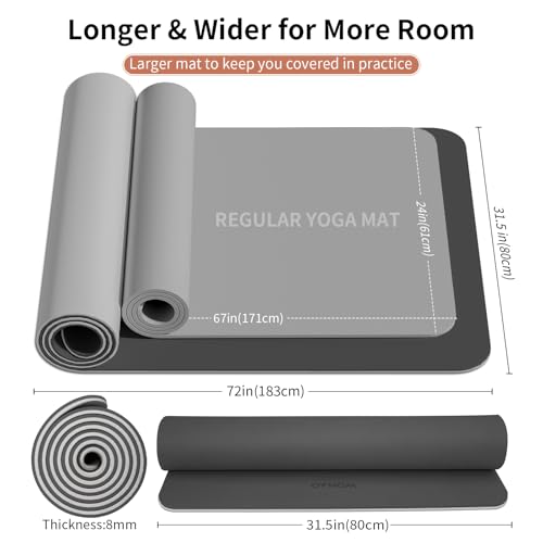 8mm Extra Wide 80cm Yoga Mat Non Slip | Spacious 80cm x 72" mat for tall users, gym, pilates. POE, reversible dual-color, non-slip, tear-proof, odorless, strap. - color: Black+Gray