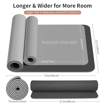 8mm Extra Wide 80cm Yoga Mat Non Slip | Spacious 80cm x 72" mat for tall users, gym, pilates. POE, reversible dual-color, non-slip, tear-proof, odorless, strap. - color: Black+Gray