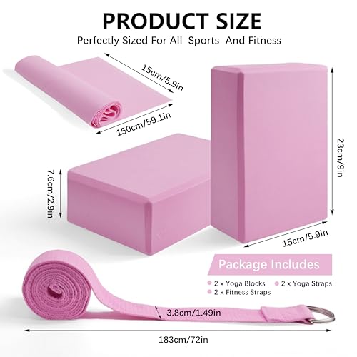 MAOMUN 6 Yoga Blocks 2 Pack with Yoga Strap and Beveled Edges, Anti-Slip Pilates Block Set Yoga Brick, Soft Lightweight Pilates Accessories for Balance Stability Stretching Pilates