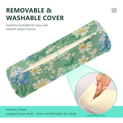 Mint Green Bluebonnet and Daisy Flowers Neck Roll Pillow Bolster Round Health Memory Foam Long Cervical Cylinder Pillows with Removable Washable Cover for Body Bed Legs Back Yoga - color: Mint Green Bluebonnet and Daisy Flowers