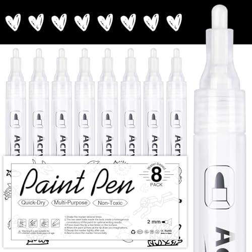 AKARUED White Acrylic Paint Markers, 8 Pack Acrylic White Paint Pen Sets for Rock Painting, Wood, Stone, Glass, Ceramic, Paper, Drawing, Art Projects, DIY Crafts, Water-Based ink, 2-3mm Medium Tip - color: White