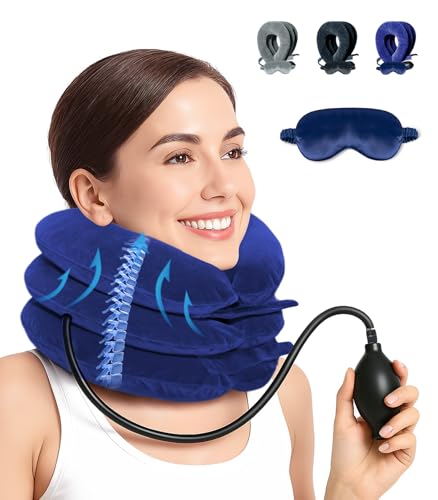 Adjustable Inflatable Cervical Traction Device, Soft Neck Stretcher Support Pillow with Sleep Eye Mask-Blue