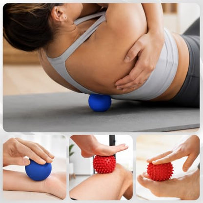 Lacrosse Massage Ball Spiky Ball Set | for Myofascial Release, Plantar Fasciitis, Stress Relief for Back, Neck, Feet, for Home, Office, Gym - color: Blue-red-