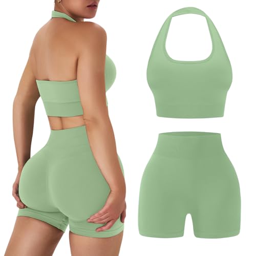 OLCHEE Womens Workout Sets 2 Piece Halter Sports Bra Scrunch Butt Shorts | Seamless Gym Set, Yoga Pilates Outfit, Matching Athletic Clothing, Activewear, Scoop Neck, Padded, High Waist - color: Desert Sage, size: Small